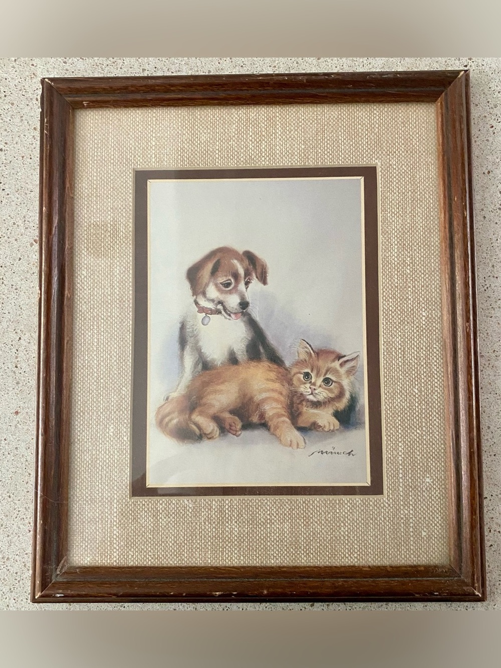 Vintage Kitten and Puppy Watercolor Framed Print 10.5” x 9”